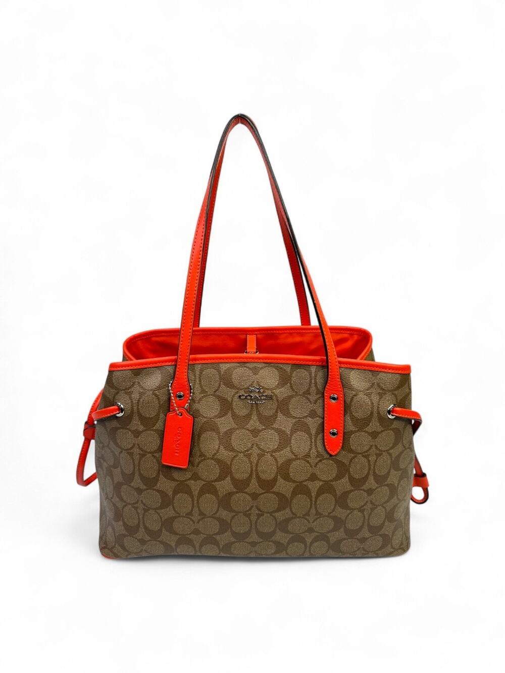 Coach Signature Drawstring Carryall Tote Khaki Orange Canvas Leather F57842